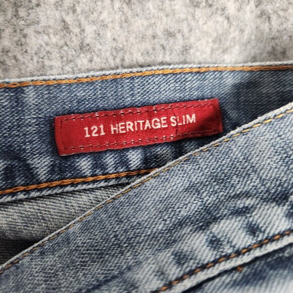 Lucky Brand 121 Heritage Slim Mens Jeans 38x32 Medium Wash Blue Distressed Denim - Picture 4 of 6